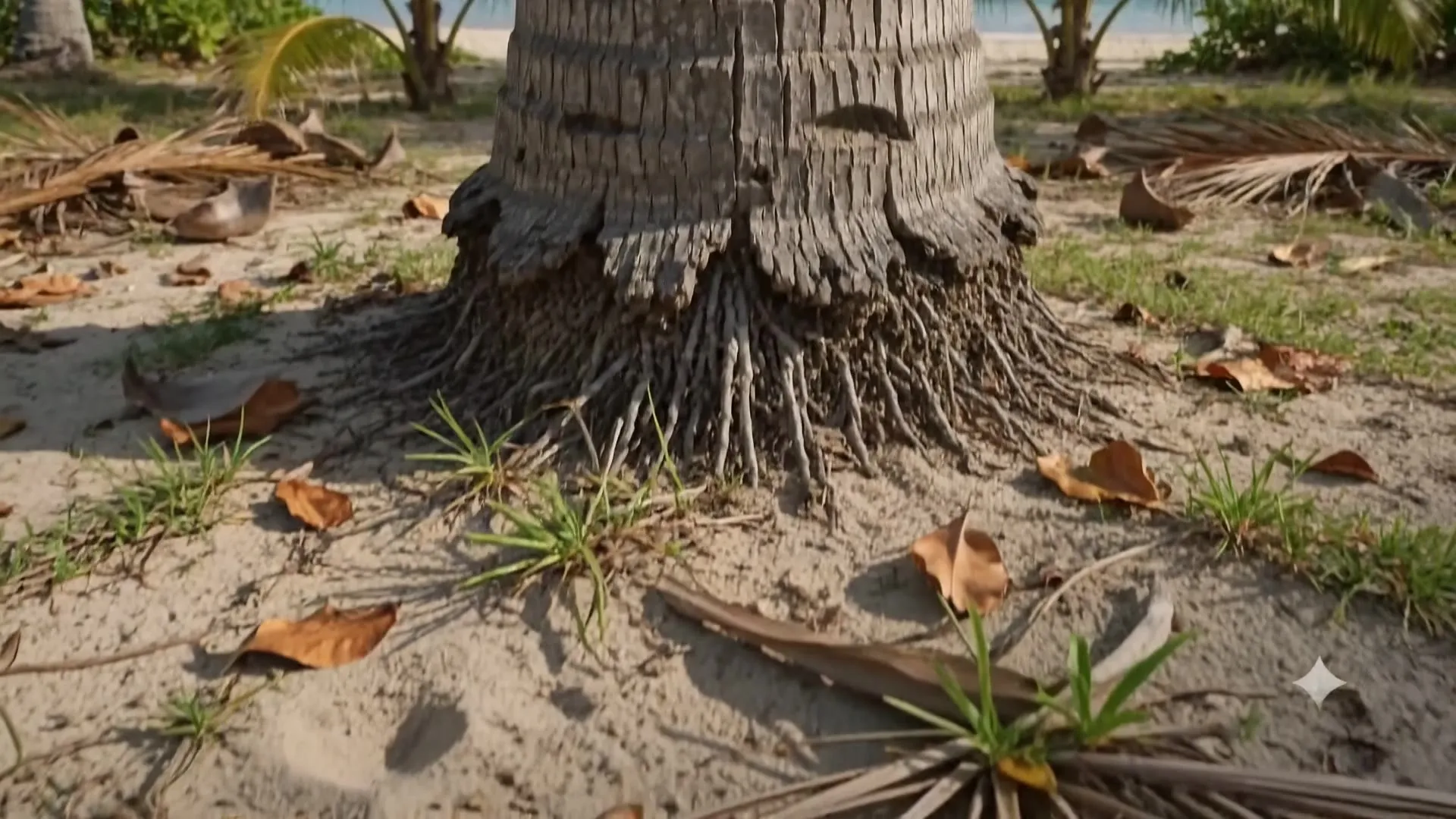 De voet van de palm, waar de stam de grond raakt
