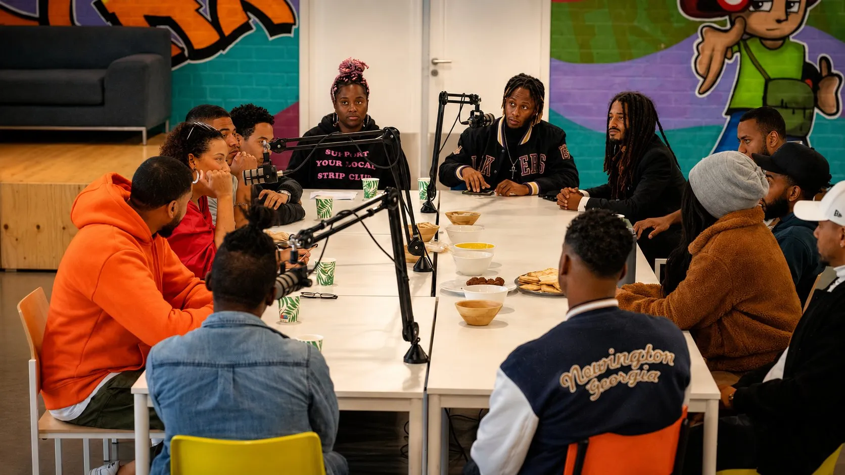 Rondetafelgesprek: een groep zit rond een lange tafel met microfoons, tegen een muur met graffiti