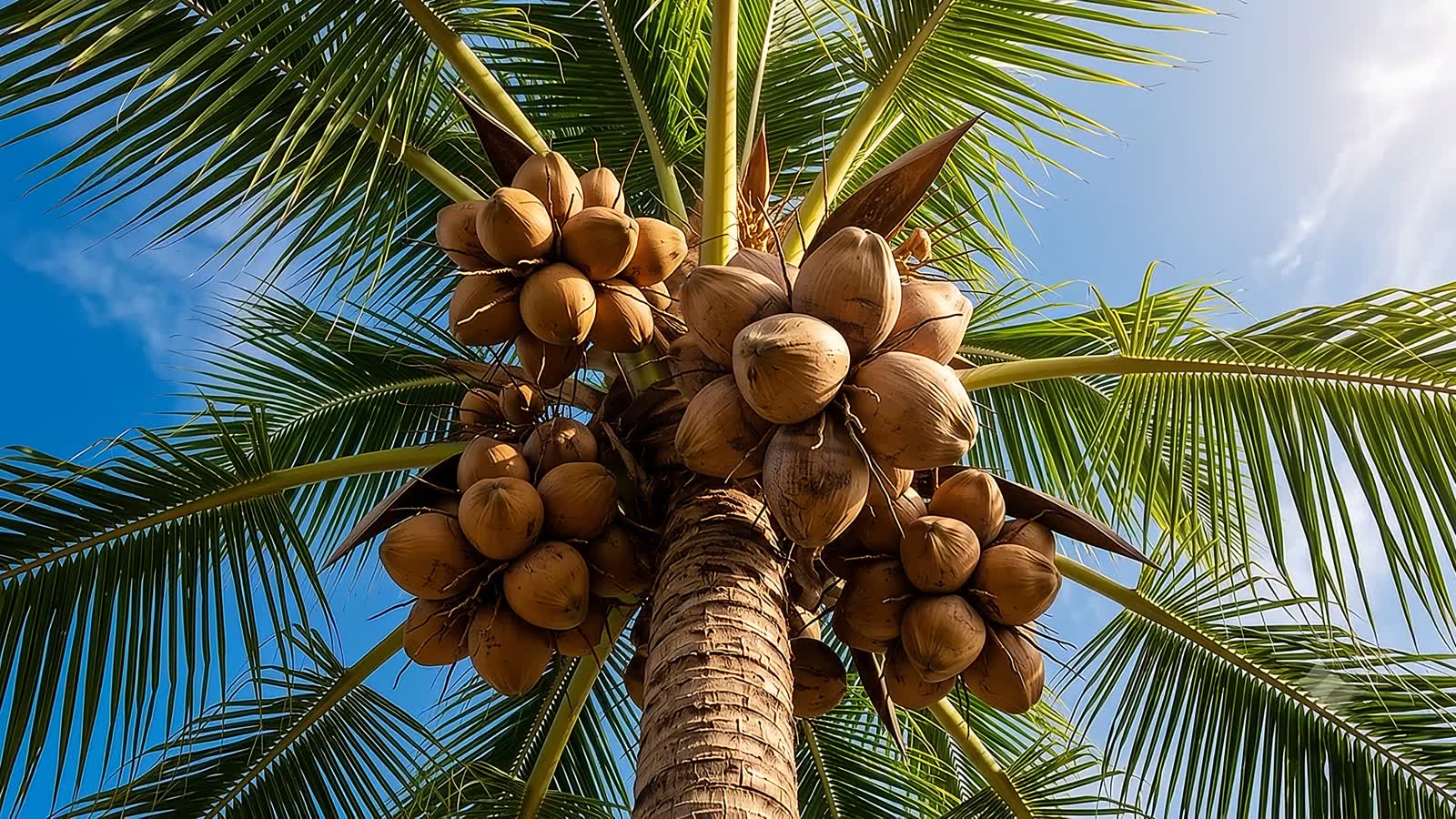 Caribische kokospalm, kroon met kokosnoten